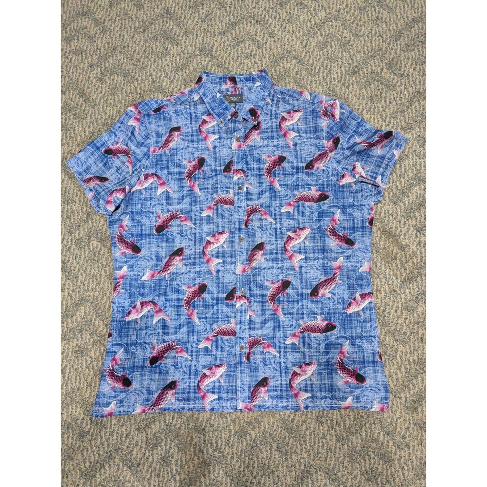 Wallin & Bros Mens XXL Blue Koi Fish Wave Print Short Sleeve Button Down Shirt